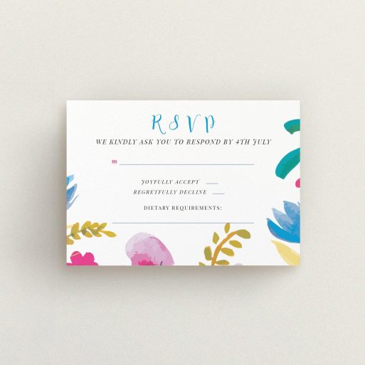 Wedding RSVP Card Design Design - "Botanical Pop" A wedding rsvp card design called "Botanical Pop". It is an A7 card in a landscape orientation. "Botanical Pop" is available as a flat card, with tones of white and red.