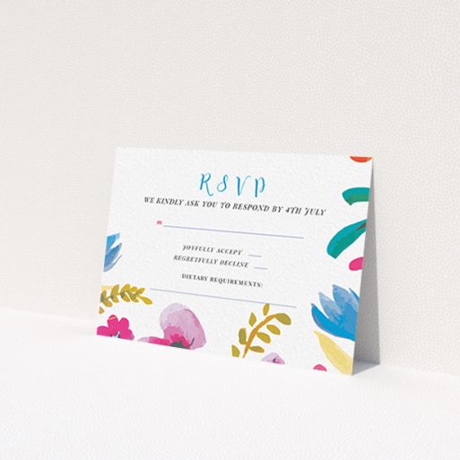 A wedding rsvp card design called 'Botanical Pop'. It is an A7 card in a landscape orientation. 'Botanical Pop' is available as a flat card, with tones of white and red.