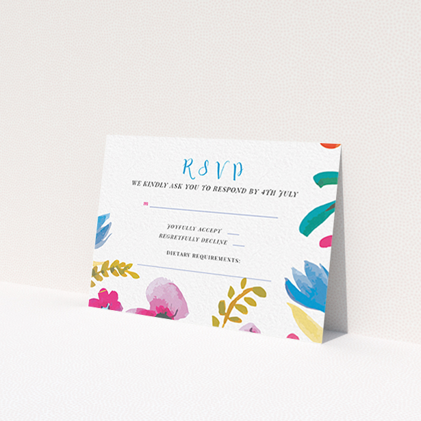 A wedding rsvp card design called "Botanical Pop". It is an A7 card in a landscape orientation. "Botanical Pop" is available as a flat card, with tones of white and red.