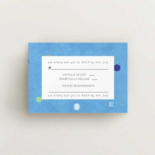 Wedding RSVP Card Design Design - "Capri" A wedding rsvp card design titled "Capri". It is an A7 card in a landscape orientation. "Capri" is available as a flat card, with tones of blue and white.