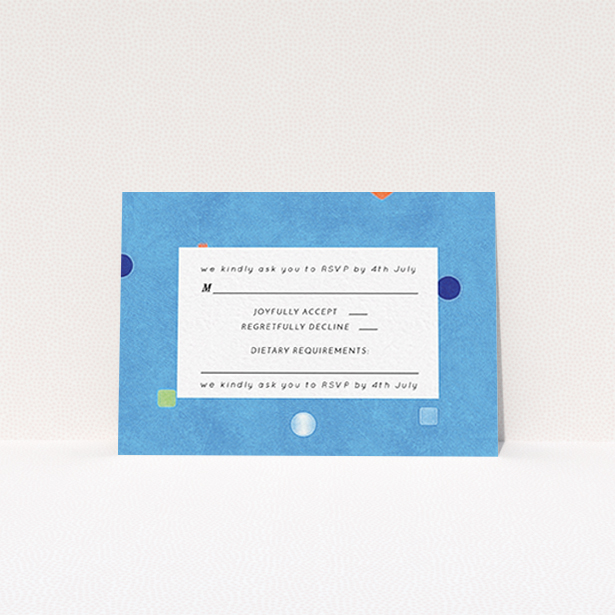 A wedding rsvp card design titled "Capri". It is an A7 card in a landscape orientation. "Capri" is available as a flat card, with tones of blue and white.