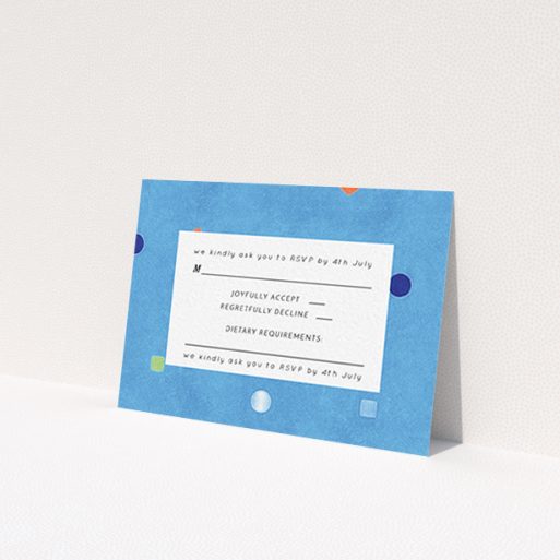 A wedding rsvp card design titled 'Capri'. It is an A7 card in a landscape orientation. 'Capri' is available as a flat card, with tones of blue and white.
