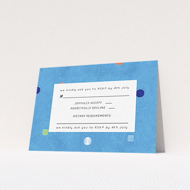A wedding rsvp card design titled "Capri". It is an A7 card in a landscape orientation. "Capri" is available as a flat card, with tones of blue and white.