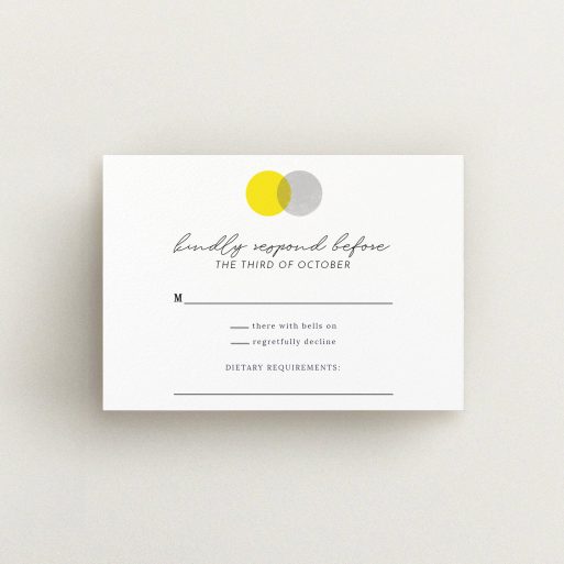 Wedding RSVP Card Design Design - "Cork Stamps" A wedding rsvp card design called "Cork Stamps". It is an A7 card in a landscape orientation. "Cork Stamps" is available as a flat card, with tones of white, yellow and grey.