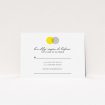 A wedding rsvp card design called "Cork Stamps". It is an A7 card in a landscape orientation. "Cork Stamps" is available as a flat card, with tones of white, yellow and grey.
