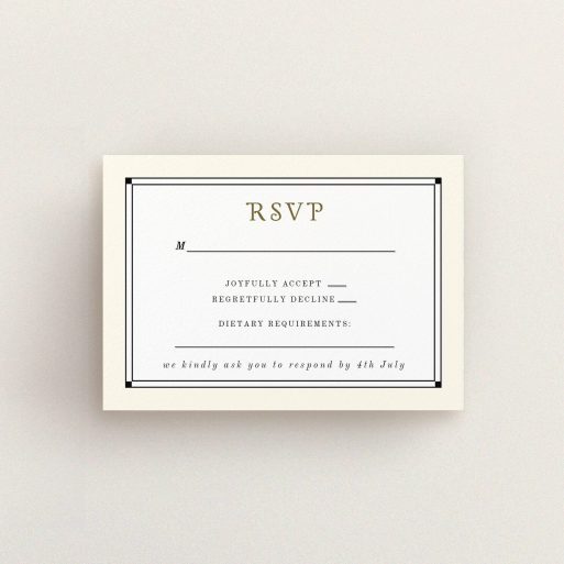 Wedding RSVP Card Design Design - "Deco Cream" A wedding rsvp card called "Deco Cream". It is an A7 card in a landscape orientation. "Deco Cream" is available as a flat card, with mainly cream colouring.