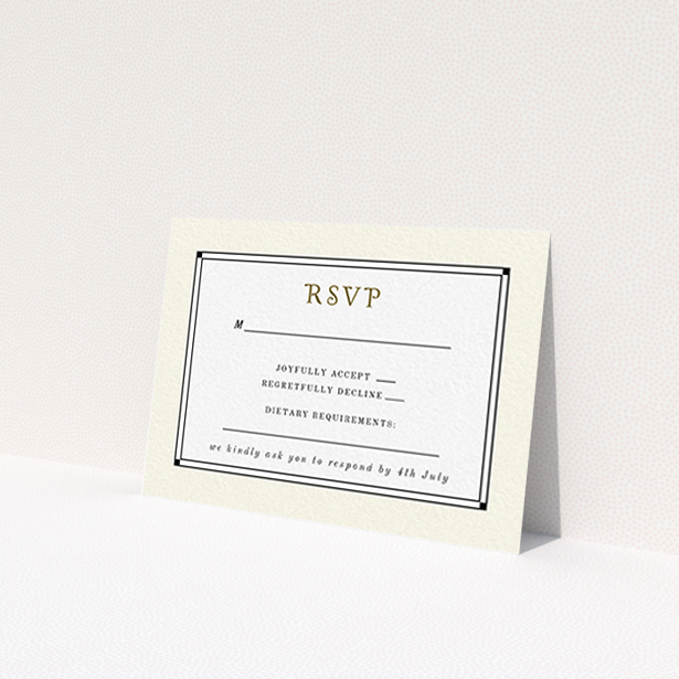 A wedding rsvp card called "Deco Cream". It is an A7 card in a landscape orientation. "Deco Cream" is available as a flat card, with mainly cream colouring.
