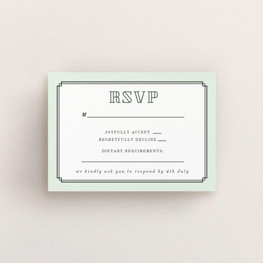 Wedding RSVP Card Design Design - "Deco mint" A wedding rsvp card named "Deco mint". It is an A7 card in a landscape orientation. "Deco mint" is available as a flat card, with tones of green and white.