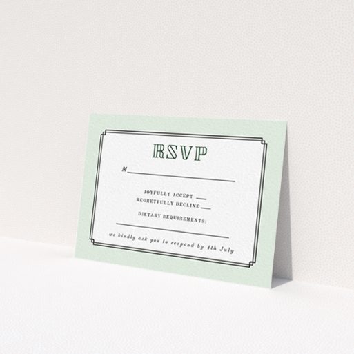 A wedding rsvp card named 'Deco mint'. It is an A7 card in a landscape orientation. 'Deco mint' is available as a flat card, with tones of green and white.