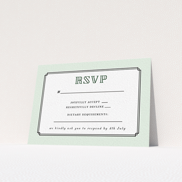 A wedding rsvp card named "Deco mint". It is an A7 card in a landscape orientation. "Deco mint" is available as a flat card, with tones of green and white.