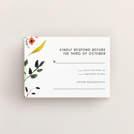 Wedding RSVP Card Design Design - "Elemental Flowers" A wedding rsvp card design titled "Elemental Flowers". It is an A7 card in a landscape orientation. "Elemental Flowers" is available as a flat card, with tones of white, green and yellow.