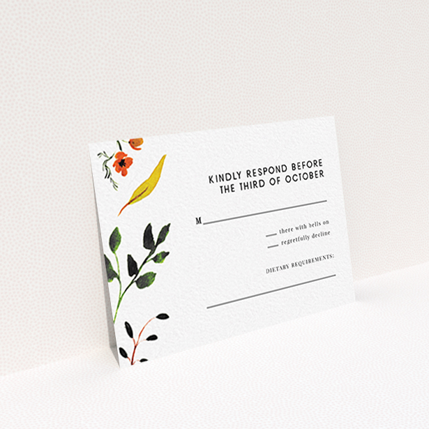 A wedding rsvp card design titled "Elemental Flowers". It is an A7 card in a landscape orientation. "Elemental Flowers" is available as a flat card, with tones of white, green and yellow.