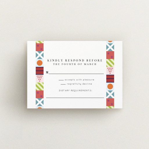 Wedding RSVP Card Design Design - "Epsom" A wedding rsvp card design titled "Epsom". It is an A7 card in a landscape orientation. "Epsom" is available as a flat card, with mainly red colouring.