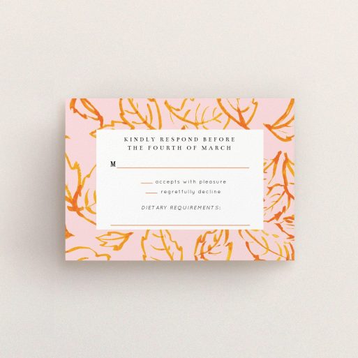 Wedding RSVP Card Design Design - "Falling Foliage" A wedding rsvp card design titled "Falling Foliage". It is an A7 card in a landscape orientation. "Falling Foliage" is available as a flat card, with tones of pink, orange and white.
