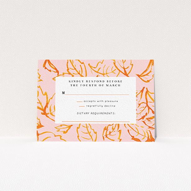 A wedding rsvp card design titled "Falling Foliage". It is an A7 card in a landscape orientation. "Falling Foliage" is available as a flat card, with tones of pink, orange and white.