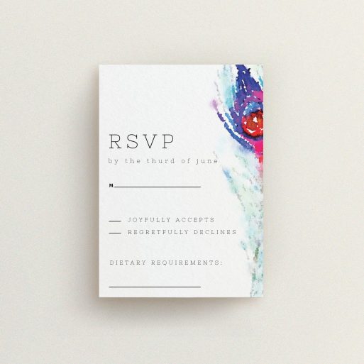 A wedding rsvp card design titled "Feather in the corner". It is an A7 card in a portrait orientation. "Feather in the corner" is available as a flat card, with tones of off-white and deep purple.