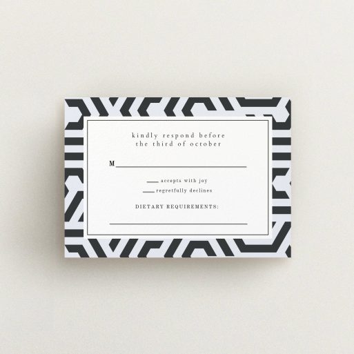 Wedding RSVP Card Design Design - "Geometric corners" A wedding rsvp card design called "Geometric corners". It is an A7 card in a landscape orientation. "Geometric corners" is available as a flat card, with tones of blue and white.