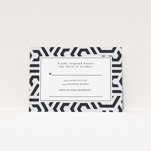 A wedding rsvp card design called "Geometric corners". It is an A7 card in a landscape orientation. "Geometric corners" is available as a flat card, with tones of blue and white.