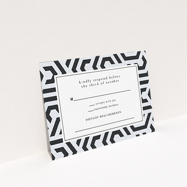 A wedding rsvp card design called "Geometric corners". It is an A7 card in a landscape orientation. "Geometric corners" is available as a flat card, with tones of blue and white.