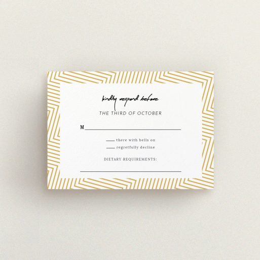Wedding RSVP Card Design Design - "Golden Lines" A wedding rsvp card called "Golden Lines". It is an A7 card in a landscape orientation. "Golden Lines" is available as a flat card, with tones of gold and white.