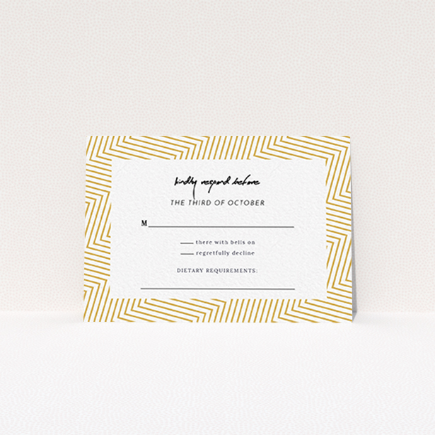 A wedding rsvp card called "Golden Lines". It is an A7 card in a landscape orientation. "Golden Lines" is available as a flat card, with tones of gold and white.