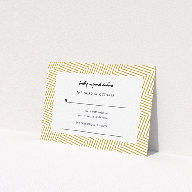 A wedding rsvp card called 'Golden Lines'. It is an A7 card in a landscape orientation. 'Golden Lines' is available as a flat card, with tones of gold and white.