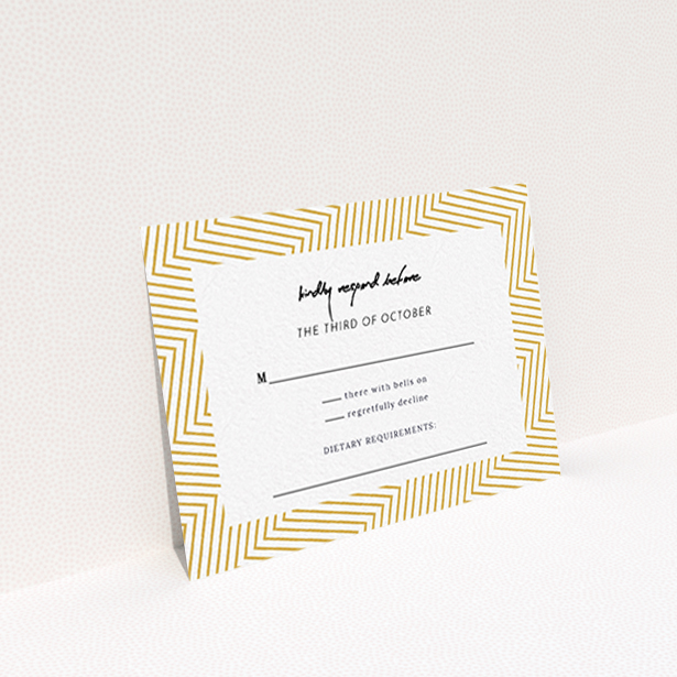 A wedding rsvp card called "Golden Lines". It is an A7 card in a landscape orientation. "Golden Lines" is available as a flat card, with tones of gold and white.