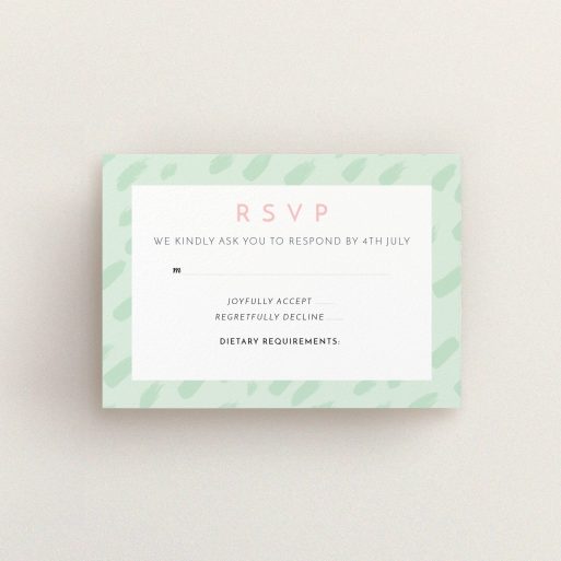 Wedding RSVP Card Design Design - "Green Strokes" A wedding rsvp card design called "Green Strokes". It is an A7 card in a landscape orientation. "Green Strokes" is available as a flat card, with tones of green and white.