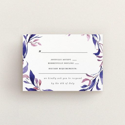 Wedding RSVP Card Design Design - "Hues of Blue" A wedding rsvp card called "Hues of Blue". It is an A7 card in a landscape orientation. "Hues of Blue" is available as a flat card, with tones of white and deep blue.