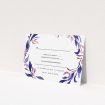 A wedding rsvp card called "Hues of Blue". It is an A7 card in a landscape orientation. "Hues of Blue" is available as a flat card, with tones of white and deep blue.