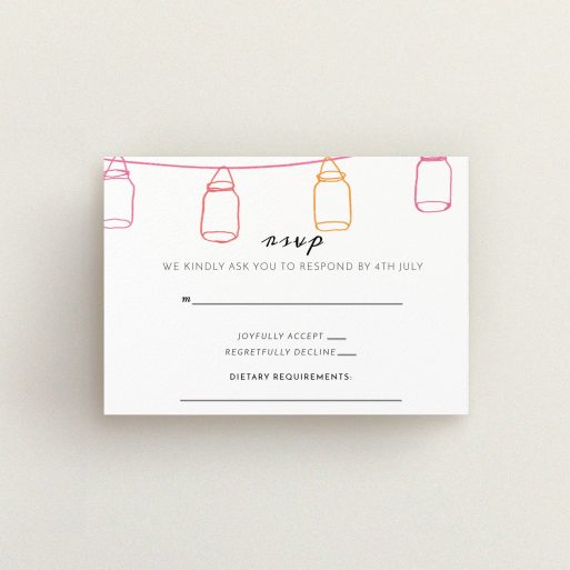 Wedding RSVP Card Design Design - "In a jar" A wedding rsvp card called "In a jar". It is an A7 card in a landscape orientation. "In a jar" is available as a flat card, with tones of white, orange and pink.