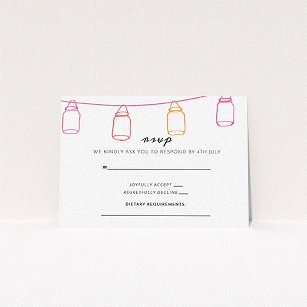 A wedding rsvp card called "In a jar". It is an A7 card in a landscape orientation. "In a jar" is available as a flat card, with tones of white, orange and pink.