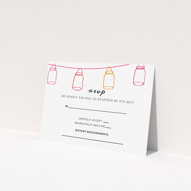A wedding rsvp card called 'In a jar'. It is an A7 card in a landscape orientation. 'In a jar' is available as a flat card, with tones of white, orange and pink.