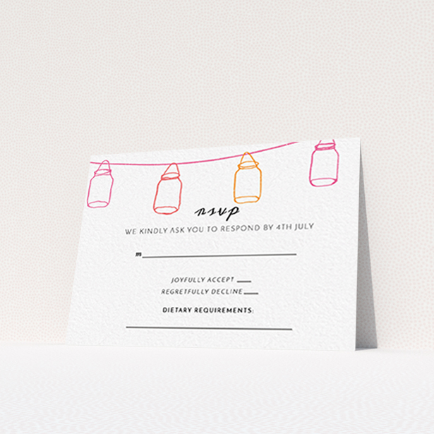 A wedding rsvp card called "In a jar". It is an A7 card in a landscape orientation. "In a jar" is available as a flat card, with tones of white, orange and pink.