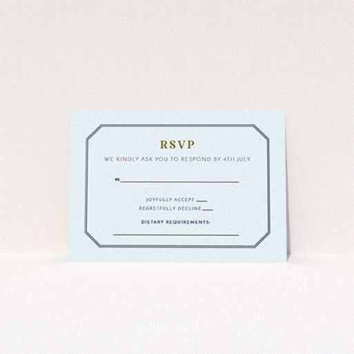 A wedding rsvp card named "In between the lines square". It is an A7 card in a landscape orientation. "In between the lines square" is available as a flat card, with mainly blue colouring.