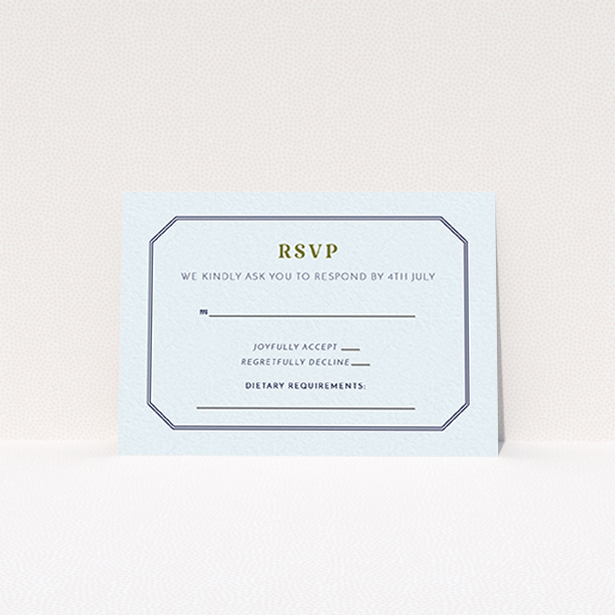 A wedding rsvp card named "In between the lines square". It is an A7 card in a landscape orientation. "In between the lines square" is available as a flat card, with mainly blue colouring.