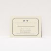 A wedding rsvp card design named "In between the lines square". It is an A7 card in a landscape orientation. "In between the lines square" is available as a flat card, with tones of cream and navy blue.