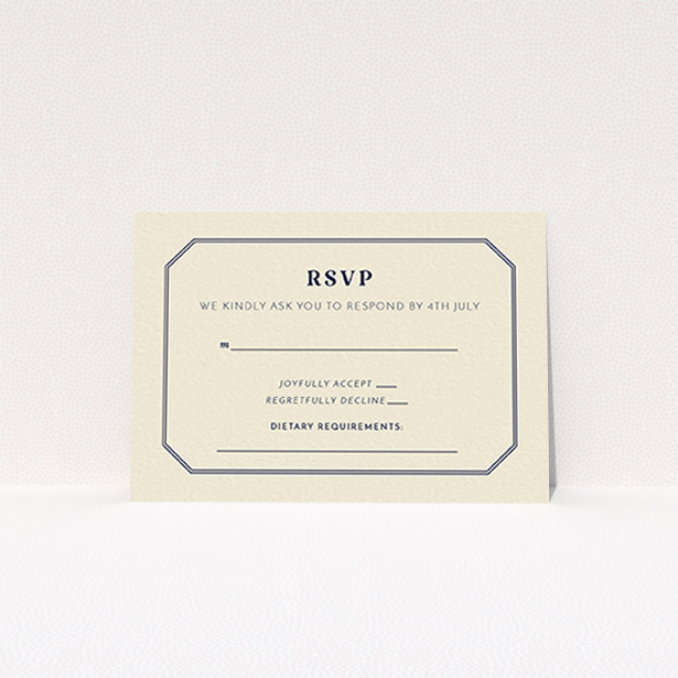 A wedding rsvp card design named "In between the lines square". It is an A7 card in a landscape orientation. "In between the lines square" is available as a flat card, with tones of cream and navy blue.