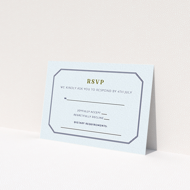 A wedding rsvp card named "In between the lines square". It is an A7 card in a landscape orientation. "In between the lines square" is available as a flat card, with mainly blue colouring.