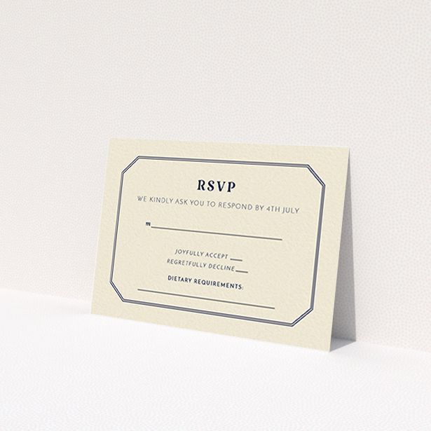 A wedding rsvp card design named "In between the lines square". It is an A7 card in a landscape orientation. "In between the lines square" is available as a flat card, with tones of cream and navy blue.