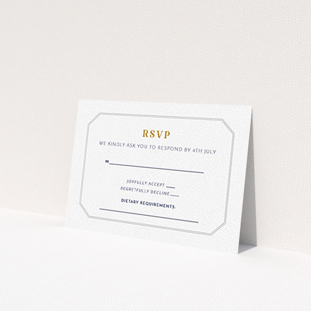 A wedding rsvp card called "In between the lines square". It is an A7 card in a landscape orientation. "In between the lines square" is available as a flat card, with tones of grey and white.