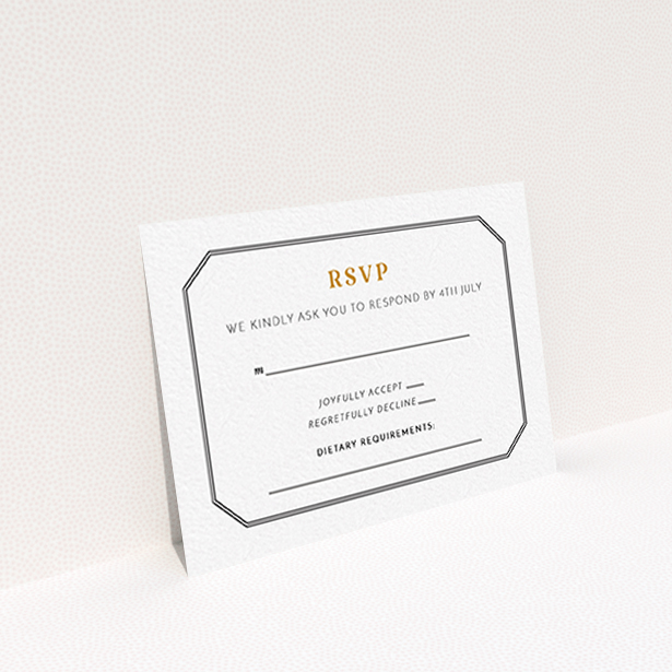 A wedding rsvp card design called "In between the lines square". It is an A7 card in a landscape orientation. "In between the lines square" is available as a flat card, with tones of black and white.