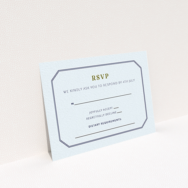 A wedding rsvp card named "In between the lines square". It is an A7 card in a landscape orientation. "In between the lines square" is available as a flat card, with mainly blue colouring.