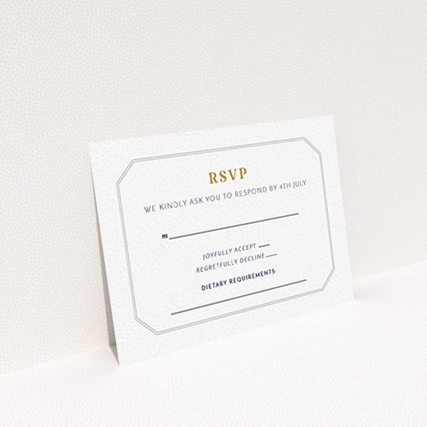 A wedding rsvp card called "In between the lines square". It is an A7 card in a landscape orientation. "In between the lines square" is available as a flat card, with tones of grey and white.