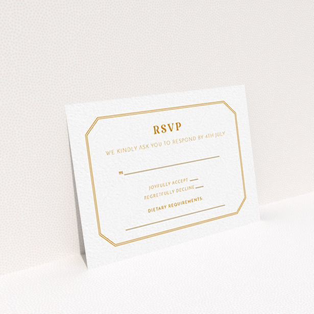 A wedding rsvp card design named "In between the lines square". It is an A7 card in a landscape orientation. "In between the lines square" is available as a flat card, with tones of orange and white.