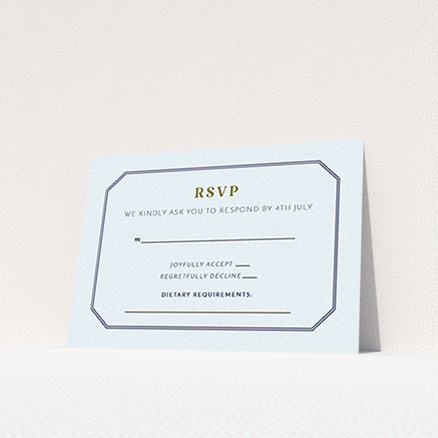 A wedding rsvp card named "In between the lines square". It is an A7 card in a landscape orientation. "In between the lines square" is available as a flat card, with mainly blue colouring.