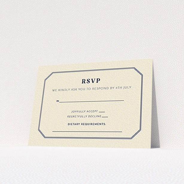 A wedding rsvp card design named "In between the lines square". It is an A7 card in a landscape orientation. "In between the lines square" is available as a flat card, with tones of cream and navy blue.