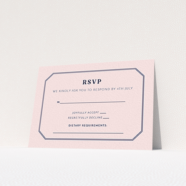 A wedding rsvp card called "In between the lines square". It is an A7 card in a landscape orientation. "In between the lines square" is available as a flat card, with mainly pink colouring.