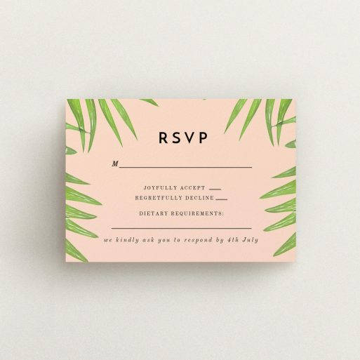 A wedding rsvp card design titled "In the courtyard". It is an A7 card in a landscape orientation. "In the courtyard" is available as a flat card, with tones of green and pink.