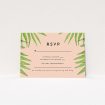 A wedding rsvp card design titled "In the courtyard". It is an A7 card in a landscape orientation. "In the courtyard" is available as a flat card, with tones of green and pink.